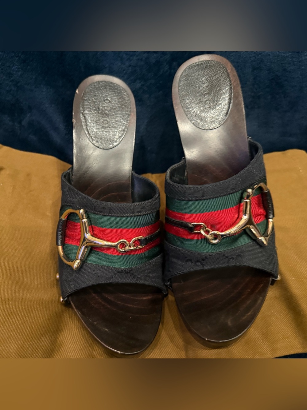 Gucci Black Slide Mules with Red & Green Stripe and Gold Horsebit